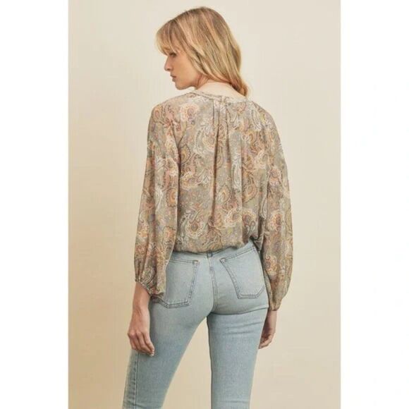 🦋 VICI 🦋 Paisley Semi-Sheer Elastic Waist Blouse - [Size XS, Beige] - Picture 4 of 16